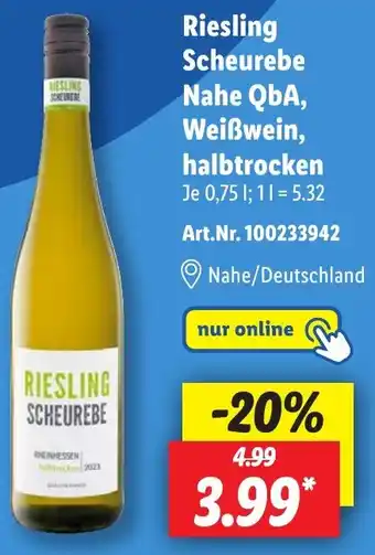 Lidl Riesling Scheurebe Nahe QbA, Weißwein, halbtrocken Angebot