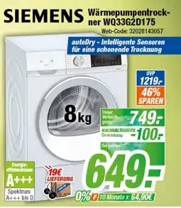 Expert Klein SIEMENS Wärmepumpentrockner WQ33G2D175 Angebot