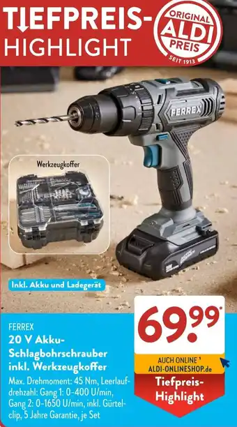 Aldi Süd FERREX 20 V Akku Schlagbohrschrauber inkl. Werkzeugkoffer Angebot