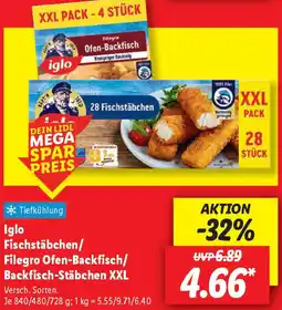 Lidl Iglo Fischstäbchen/ Filegro Ofen-Backfisch/ Backfisch-Stäbchen XXL Angebot