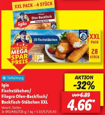 Lidl Iglo Fischstäbchen/ Filegro Ofen-Backfisch/ Backfisch-Stäbchen XXL Angebot