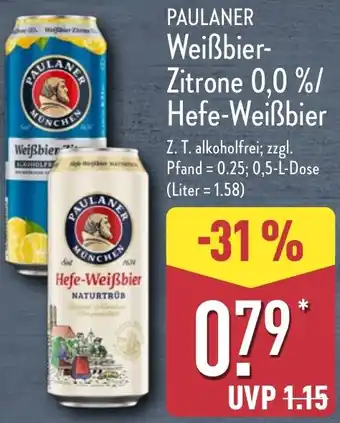 Aldi Nord PAULANER Weißbier Zitrone 0,0 %/ Hefe-Weißbier Angebot