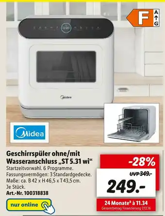 Lidl Midea geschirrspüler ohne/mit wasseranschluss „st 5.31 wi“ Angebot