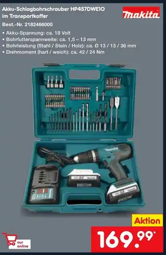 Netto Marken-Discount Makita Akku Schlagbohrschrauber HP457DWE10 im Transportkoffer Angebot