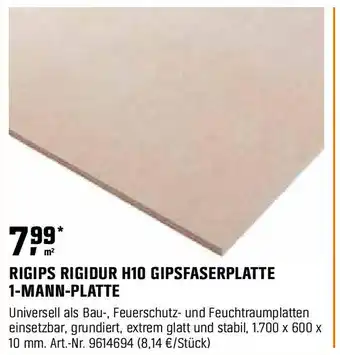 OBI RIGIPS RIGIDUR H10 GIPSFASERPLATTE 1-MANN-PLATTE Angebot