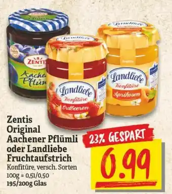 NP Discount Zentis Original Aachener Pflümli oder Landliebe Fruchtaufstrich 195/200g Angebot