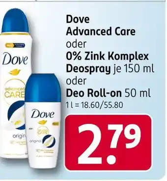 Rossmann Dove advanced care oder 0% zink komplex deospray oder deo roll-on Angebot