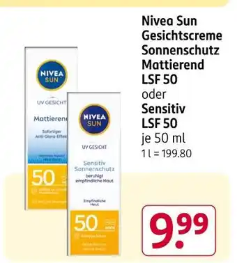 Rossmann Nivea sun gesichtscreme sonnenschutz mattierend lsf 50 oder sensitiv lsf 50 Angebot