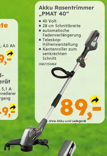 Globus Baumarkt PRIMASTER Akku Rasentrimmer „PMAT 40❝ Angebot