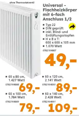 Globus Baumarkt Universal - Flachheizkörper mit 6-fach Anschluss 1/2 Angebot