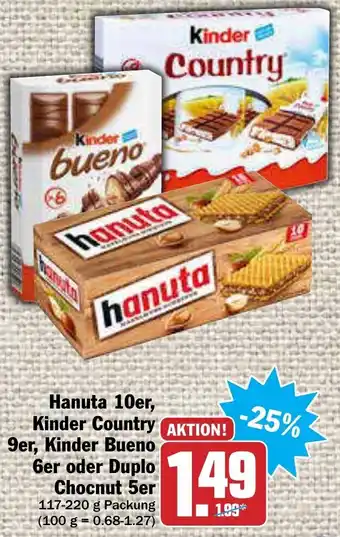 AEZ Hanuta 10er, Kinder Country 9er, Kinder Bueno 6er oder Duplo Chocnut 5er 117-220g Angebot