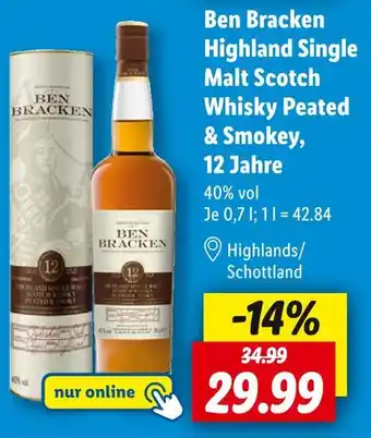 Lidl Ben bracken highland single malt scotch whisky peated & smokey, 12 jahre Angebot