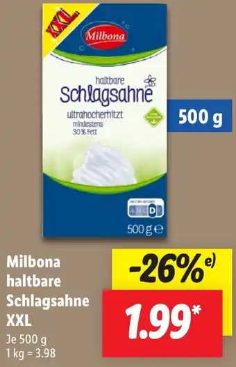 Lidl Milbona haltbare Schlagsahne XXL Angebot