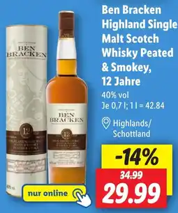 Lidl Ben Bracken Highland Single Malt Scotch Whisky Peated & Smokey, 12 Jahre Angebot