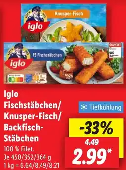 Lidl Iglo Fischstäbchen/ Knusper-Fisch/ Backfisch Stäbchen Angebot