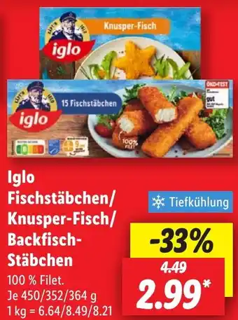 Lidl Iglo Fischstäbchen/ Knusper-Fisch/ Backfisch Stäbchen Angebot