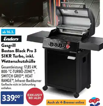 Aldi Nord Enders Gasgrill Boston Black Pro 3 SIKR Turbo, inkl. Wetterschutzhülle Angebot