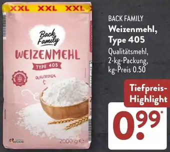 Aldi Süd BACK FAMILY Weizenmehl, Type 405 Angebot