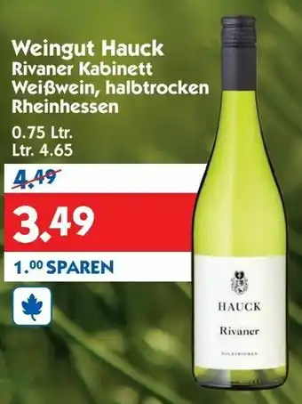 Hol'ab Getränkemarkt Weingut Hauck Rivaner Kabinett Weißwein, halbtrocken Rheinhessen 0,75L Angebot