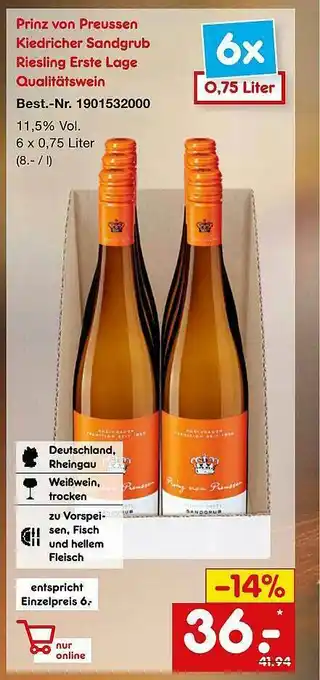 Netto Marken-Discount Prinz Von Preussen Kiedricher Sandgrub Riesling Erste Lage Qualitätswein Angebot