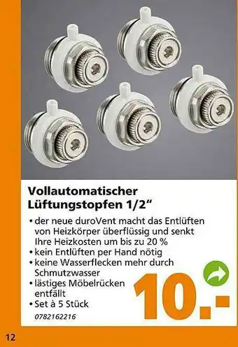 Globus Baumarkt Vollautomatischer Lüftungstopfen ½ Angebot