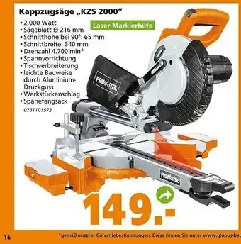 Globus Baumarkt Kappzugsäge „kzs 2000“ Primaster Angebot