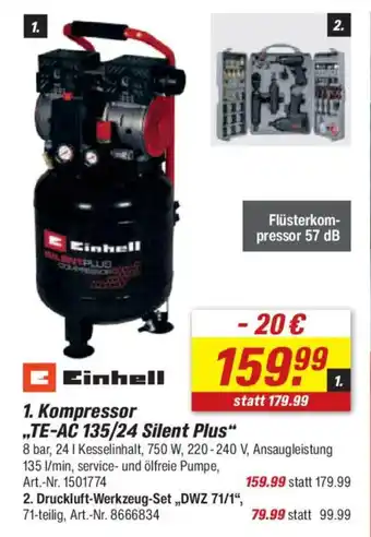 toom Baumarkt Einhell 1. Kompressor „TE-AC 135/24 Silent Plus" Angebot