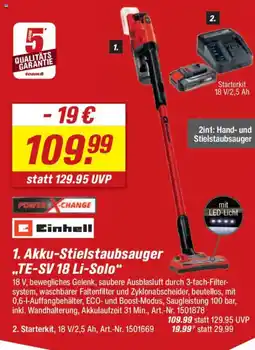 toom Baumarkt Einhell 1. Akku-Stielstaubsauger ..TE-SV 18 Li-Solo" Angebot