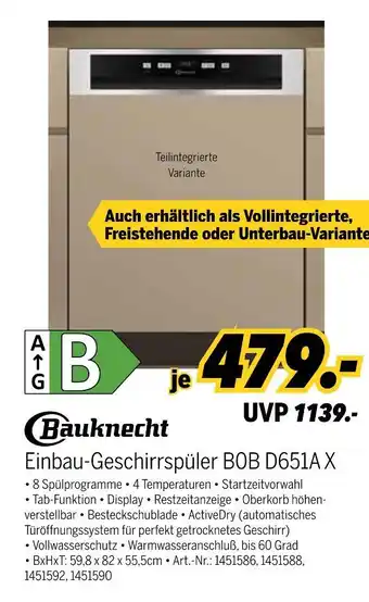 MEDIMAX Bauknecht einbau-geschirrspüler b0b d651a x Angebot