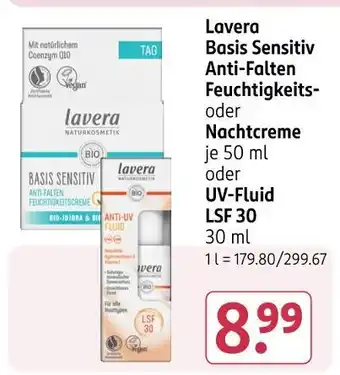 Rossmann Lavera basis sensitiv anti-falten feuchtigkeits- oder nachtcreme, uv-fluid lsf 30 Angebot