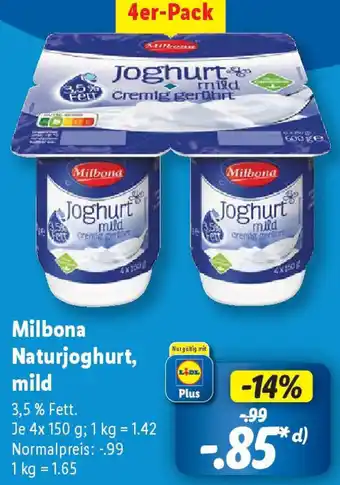 Lidl Milbona Naturjoghurt, mild Angebot