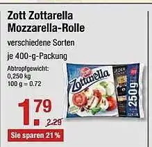 V Markt Zott Zottarella Mozzarella-Rolle 400g Angebot