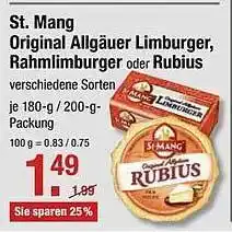 V Markt St. Mang Original Allgäuer Limburger, Rahmlimburger Oder Rubius 180/200g Angebot