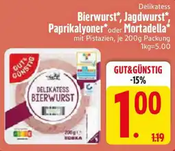 Edeka GUT & GÜNSTIG Delikatess Bierwurst, Jagdwurst, Paprikalyoner oder Mortadella Angebot