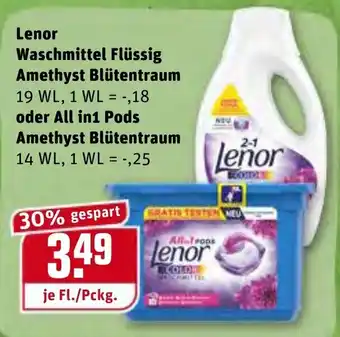 REWE Lenor Waschmittel Flüssig Amethyst Blütentraum oder All in Pods Amethyst Blümentraum Angebot