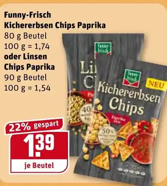 REWE Funny Frisch Kichererbsen chips Paprika 80 g Beutel oder Linsen Chips Paprika 90 g Beutel Angebot