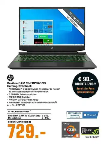 Saturn Hp Pavilion Gam 15-ec2345ng Gaming-notebook Angebot