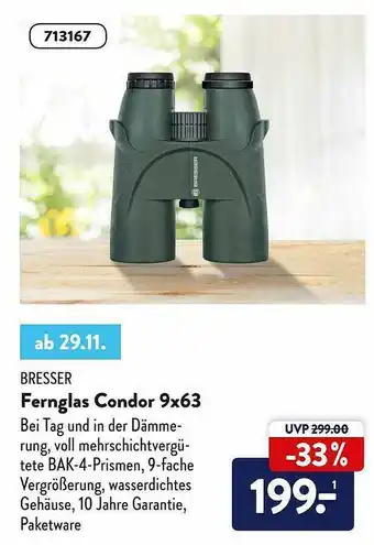 Aldi Süd Bresser Fernglas Condor 9x63 Angebot