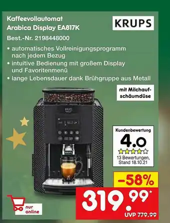 Netto Marken-Discount Krups Kaffeevollautomat Arabica Display Ea817k Angebot