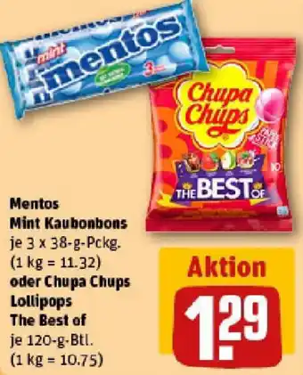 REWE Mentos Mint Kaubonbons oder Chupa Chups Lollipops The Best of Angebot