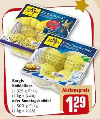 REWE PETZ Burgis Knödelinos 375g oder Sonntagsknödel 500g Angebot