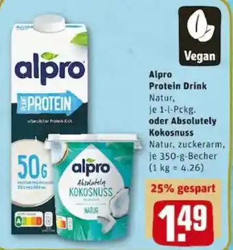 REWE PETZ Alpro Protein Drink Natur 1L oder Absolutely Kokosnuss 350g Becher Angebot