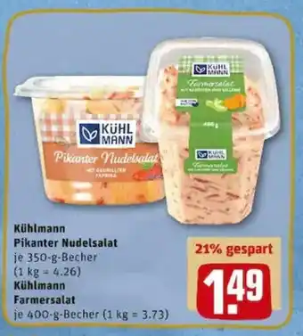 REWE PETZ Kühlmann Pikanter Nudelsalat 350g oder Kühlmann Farmersalat 400g Becher Angebot