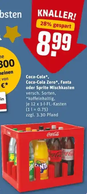 REWE PETZ Coca Cola, Coca Cola Zero, Fanta oder Sprite Mischkasten 12x1L Angebot