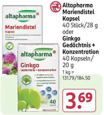 Rossmann Altapharma Mariendistel Kapsel oder Ginkgo Gedächtnis + Konzentration Angebot