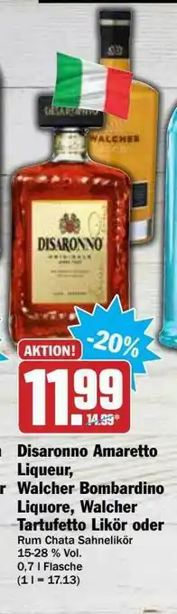 Hit Disaronno Amaretto Liqueur, Walcher Bombardino Liquore, Walcher Tartufetto Likör Angebot