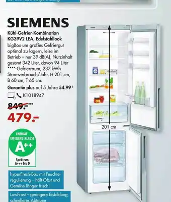 Galeria Siemens Kühl-Gefrier-Kombination KG39V2 LEA, Edelstahllook Angebot