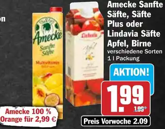 Hit Amecke Sanfte Säfte, Säfte Plus oder Lindavia Säfte Apfel, Birne Angebot