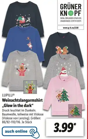 Lidl Lupilu weinachtslangarmshirt „glow in the dark“ Angebot