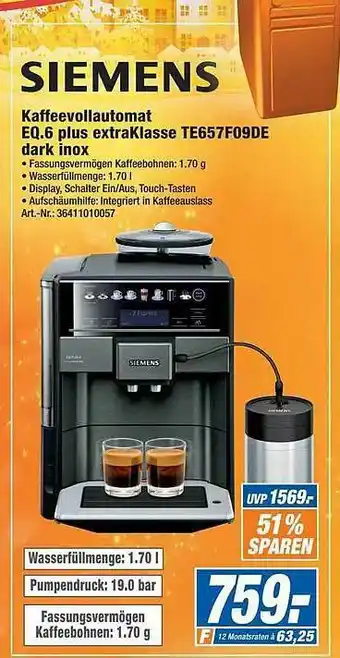 Expert Technomarkt Siemens Kaffeevollautomat Eq.6 Plus Extraklasse Te657f09de Dark Inox Angebot